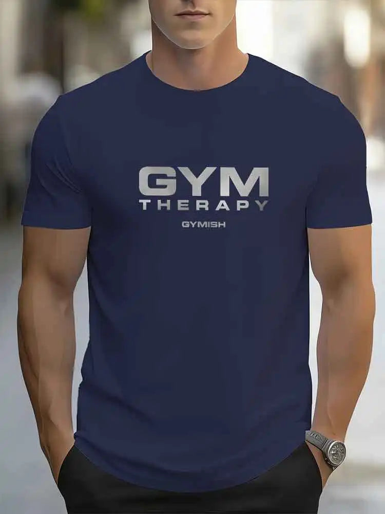 GYM THERAPY Camiseta de entrenamiento para hombre, camiseta de manga corta GYMISH Fitness, camiseta informal de algodón para entrenamiento en el gimnasio, deportes de culturismo