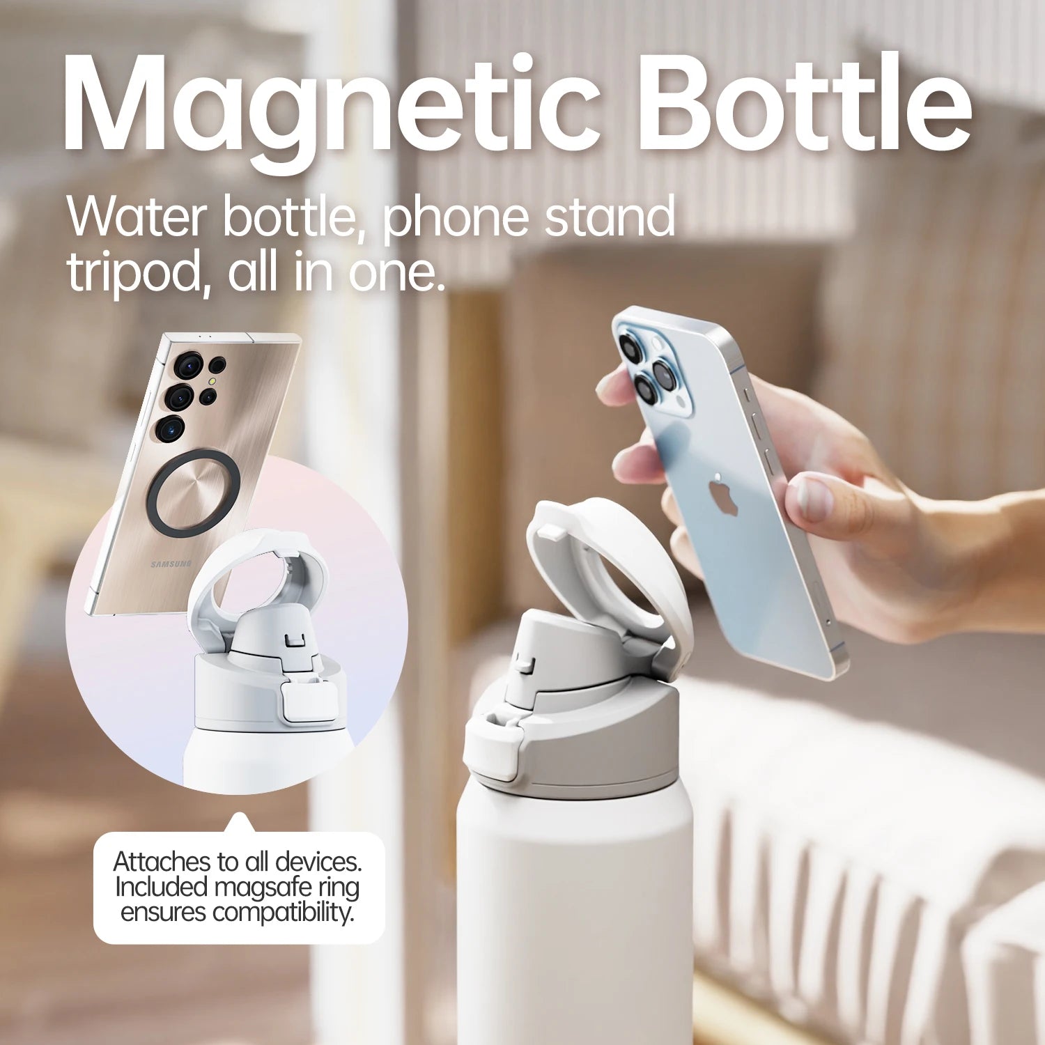 Fjbottle Botella de agua aislada con tapa magnética de 710/950 ml con soporte para teléfono, botella de agua térmica para exteriores