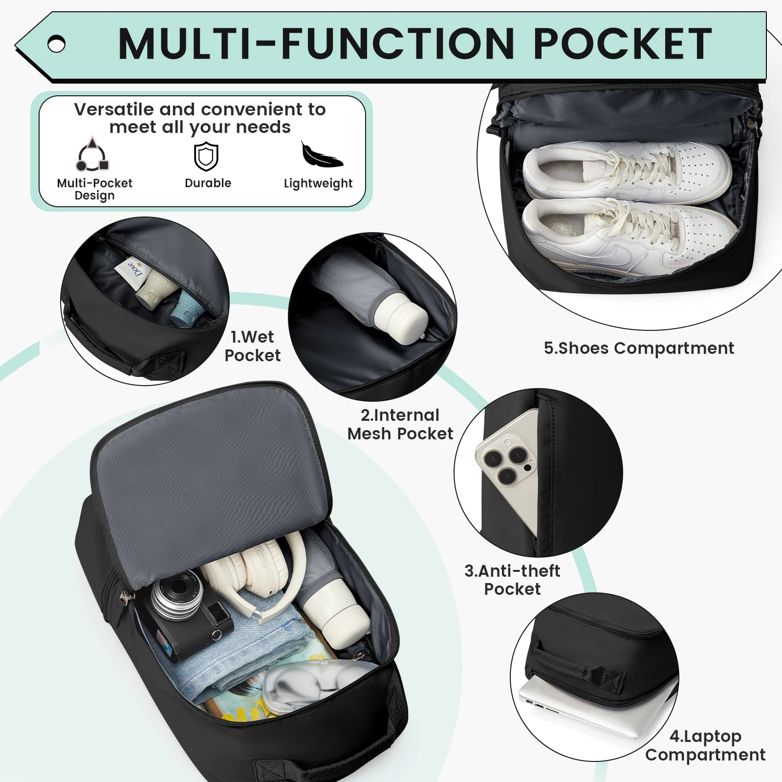 Bolsa de gimnasio para mujer, bolsa de viaje para artículos personales con compartimento para zapatos, mochila de viaje para mujer, mochila deportiva ideal para tenis, natación