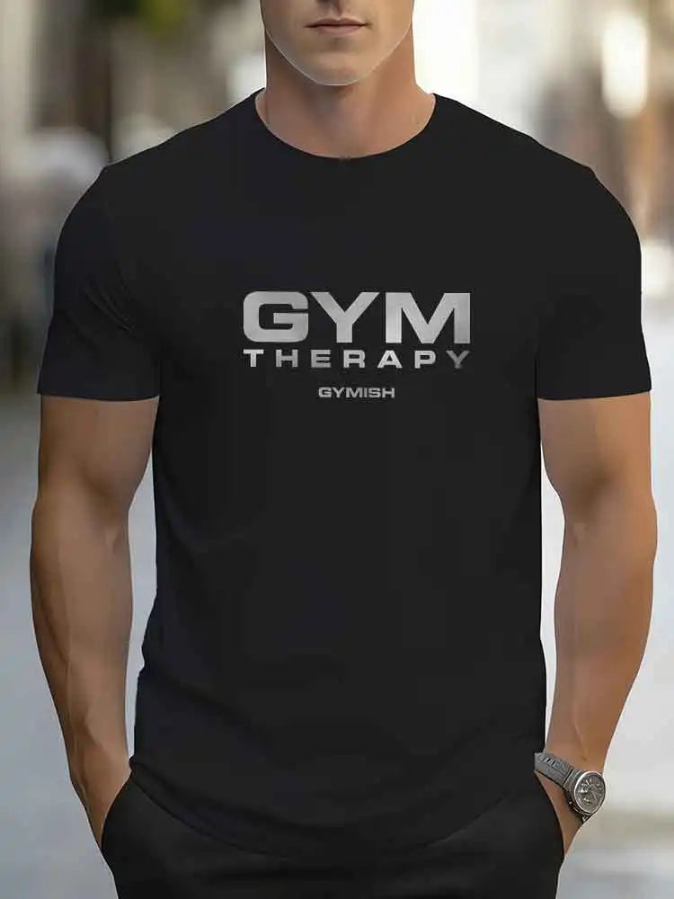 GYM THERAPY Camiseta de entrenamiento para hombre, camiseta de manga corta GYMISH Fitness, camiseta informal de algodón para entrenamiento en el gimnasio, deportes de culturismo