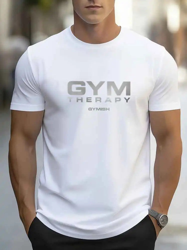 GYM THERAPY Camiseta de entrenamiento para hombre, camiseta de manga corta GYMISH Fitness, camiseta informal de algodón para entrenamiento en el gimnasio, deportes de culturismo